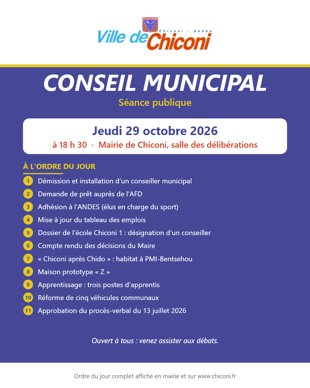 Conseil municipal : séance publique le jeudi 29 octobre 2026 à 18h30